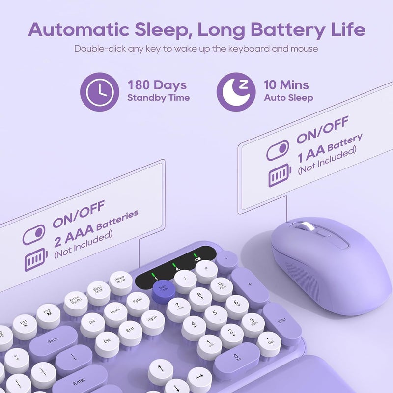 SABLUTE Wireless Keyboard and Mouse Combo, Cute Round Keycaps, Full-Size Retro Typewriter Keyboard with Detachable Wrist Rest, 2.4GHz Cordless Connection for Mac/Windows/PC/Laptop (Purple-Colorful) - Image 4